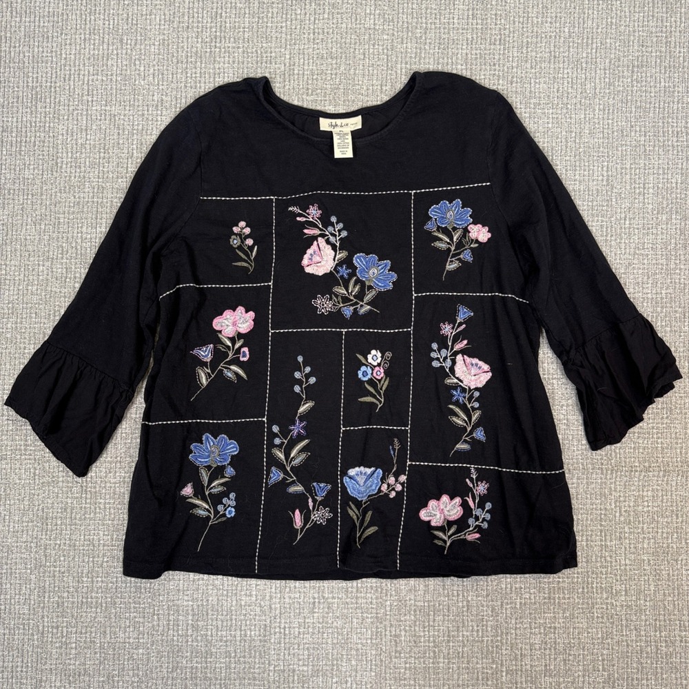 Style & Co Floral‎ Embroidered Top Ruffle Sleeve Petite Size PL Bell Cottage